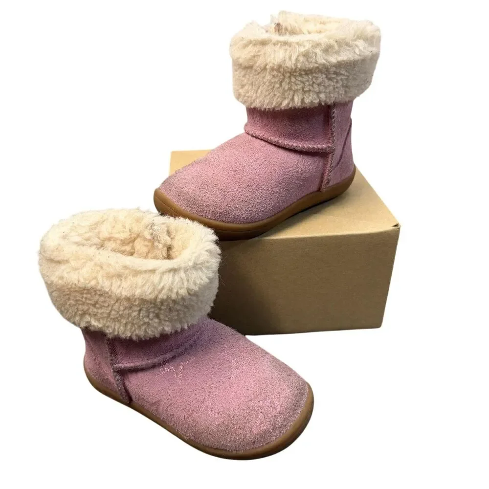 UGG Boots Girls Size 7 Pink Suede Shearling Lined Winter Fur Trim 1157633T
